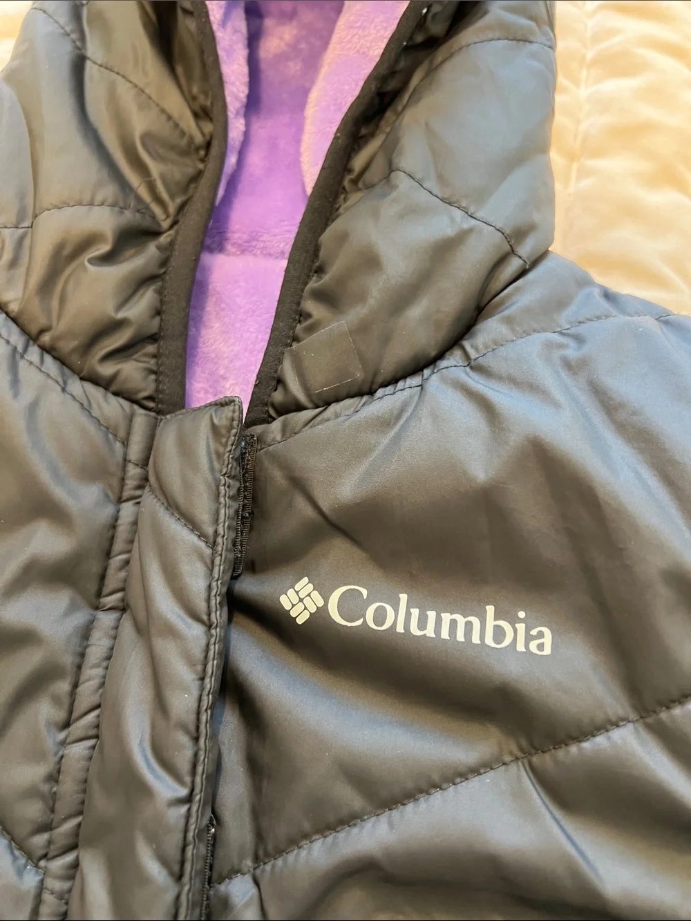 🪻 Columbia Kids Black Puffer (S)  with Purple Fleece Hood REVERSIBLE Jacket 🪻